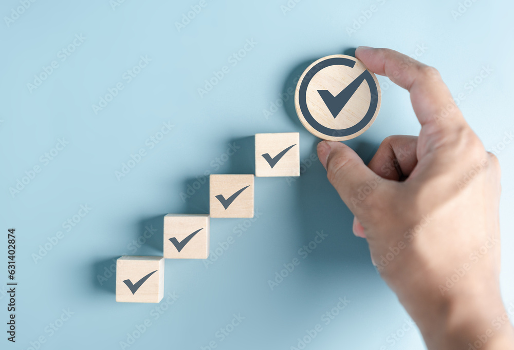 Poster Step progress checklist to Quality Standard approved Assurance assignment and improvement. Standardization, certification. Compliance to regulations service and standards.