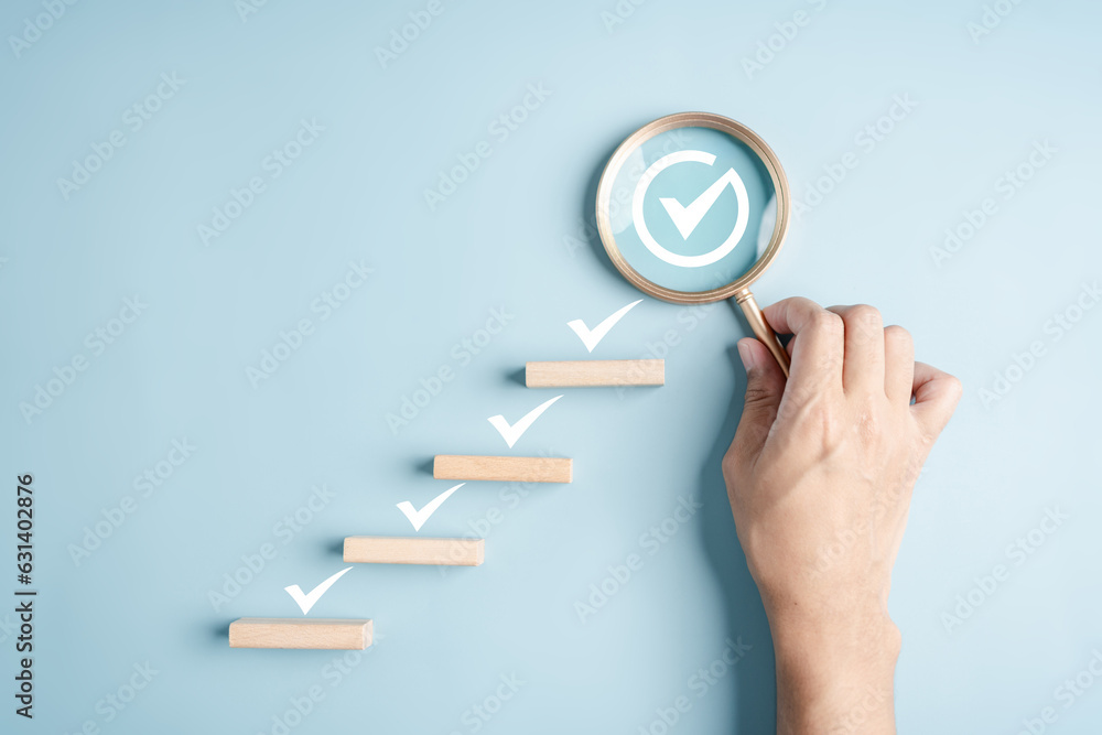 Poster Step progress checklist to Quality Standard approved Assurance assignment and improvement. Standardization, certification. Compliance to regulations service and standards.