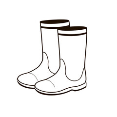pair of rubber boots for gardening black and white outline illustration