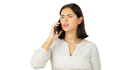 Phone call, fighting or anger with a woman frustrated while isolated on a transparent background....