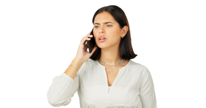 Phone call, fighting or anger with a woman frustrated while isolated on a transparent background. Mobile, communication and frown with an unhappy young female person arguing in conflict on PNG