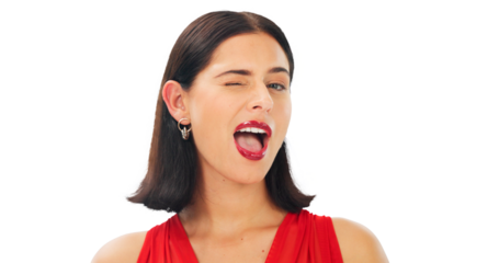 Emoji, wink and portrait of woman with beauty, makeup and and happiness in fashion on transparent, isolated or png background. Flirting, face and female model or girl with a smile and fun personality