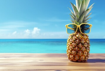 Summer concept cute Pineapple fruit with glasses on wooden table with beach background and clear blue sky. generative ai