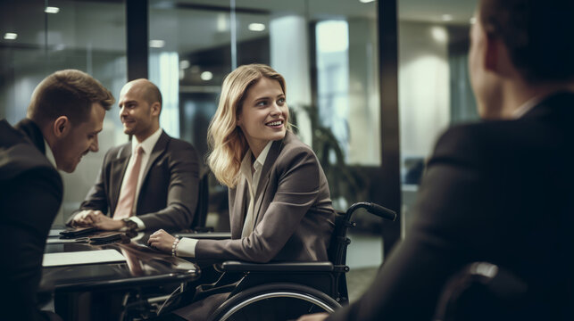 Blond young smiling businesswoman in a wheelchair in an office, with colleagues around her, friendly mood, cooperation, inclusion