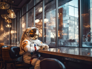 astronaut sitting near window in restaurant looking outside  