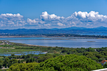 Fototapeta na wymiar Scenic view of Giens peninsula on a sunny spring day with Mediterranean Sea, beach and saline in the background. Photo taken June 8th, 2023, Giens, Hyères, France.