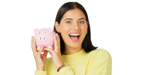 Portrait, piggy bank and woman with savings, finance and excited girl isolated on a transparent background. Face, person and happy model with money, investment or budget with png, financial or profit
