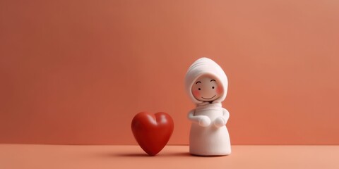 cute stuffed doll toy sitting on red background, love and lifestyle concept, playful with copy space for text