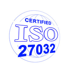 An illustration of ISO 27032 certification, like a stamp, in perspective. White background.