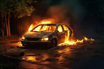 Fototapeta na wymiar Crashed car burning at night,