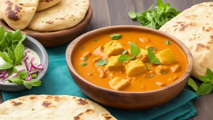 a bowl of food with a plate of flat bread and a plate of food