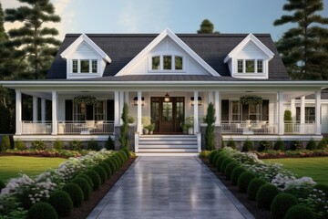 A newly built, personalized dream home with a spacious front porch and a meticulously designed yard.