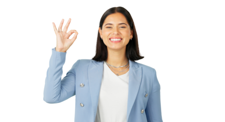 Ok hands, portrait and business woman smile isolated on a transparent png background. Face, happy and professional with okay sign for success, yes and agreement, perfect and thank you for excellence