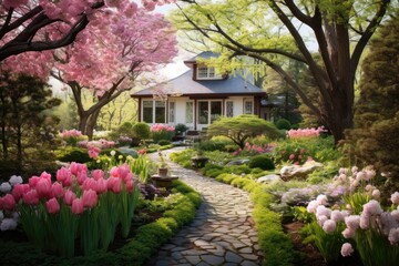 A meticulously nurtured garden in its peak of vibrant blossoms during the spring and summer seasons.
