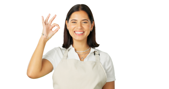 Face, ok hands and happy woman, waitress and isolated on transparent png background. Portrait, smile and okay sign of owner, small business entrepreneur and success of person, excellence or agreement