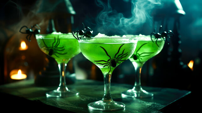 green iced cocktails decorated with spiders on the bar with smoke for the Halloween holiday. Alcoholic drinks.