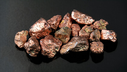 native copper nuggets isolated on black background, ore for industrial use in electrical wires and household utensils - obrazy, fototapety, plakaty