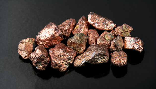 native copper nuggets isolated on black background, ore for industrial use in electrical wires and household utensils