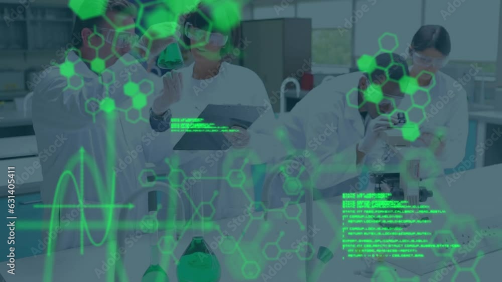 Poster animation of scientific data processing over diverse scientists in laboratory