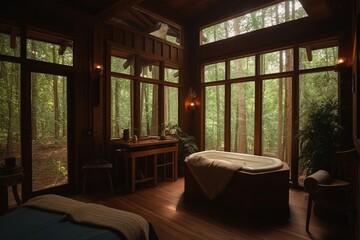 Luxury cozy spa, a peaceful of relaxation and rejuvenation in a tranquil forested area, AI generated