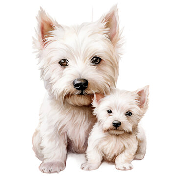 West Highland White Terrier With A Puppy, Dog With Mom, Watercolor Clipart, Highland Dog Animal Digital Graphic