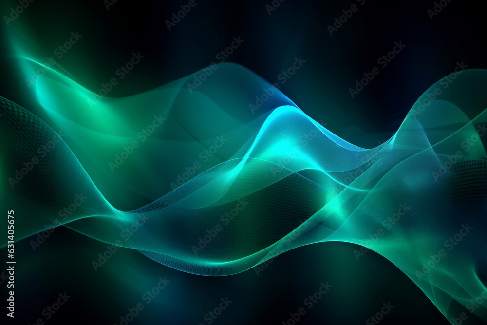 Poster neon glow dynamic wavy smoke form in gradient green color futuristic sci-fi technology abstract back