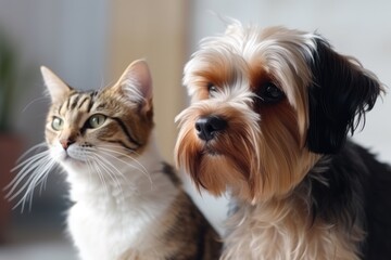 Portrait of dog and cat side by side, AI generated