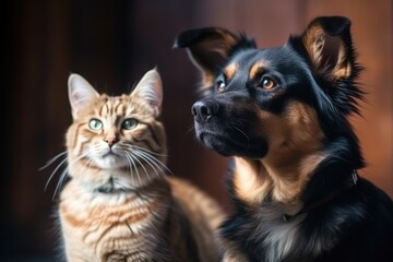 Portrait of dog and cat side by side, AI generated