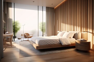 Cozy and minimalist bedroom interiors with modern furnishings with natural afternoon light sea views and summer sky.