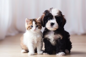 Fototapeta premium Portrait of very cute kitty and puppy side by side, AI generated