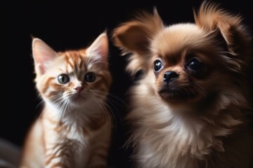 Obraz premium Portrait of very cute kitty and puppy side by side, AI generated