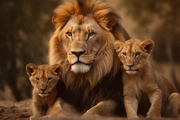Gordijnen Lion and two lion cubs hanging out on the dry grass at savanna grassland in the evening, father and sons, protecting wildlife concept. © Sunday Cat Studio