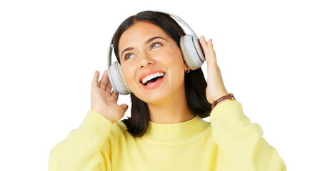 Happy, thinking and a woman with headphones, music and listening to a podcast. Idea, young and a girl or person with vision, streaming audio and sound isolated on a transparent png background