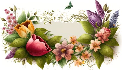 Fototapeta premium Beautiful spring flowers floral border frame with copy space for text, AI generated