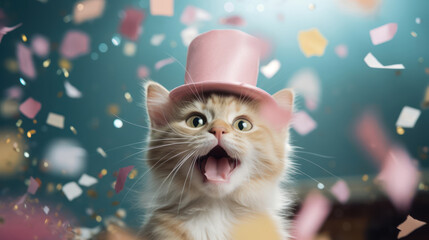 Birthday concept.  Happy cute cat wearing hat with flying confetti.