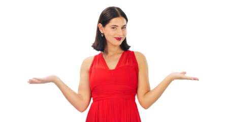 Decision, comparison and happy woman with choice, option or open palm for marketing or promotion. Portrait, balance and female model with a choose hand gesture isolated by transparent png background.