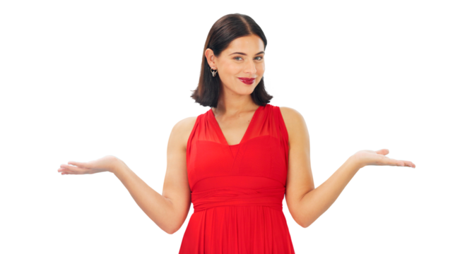 Decision, comparison and happy woman with choice, option or open palm for marketing or promotion. Portrait, balance and female model with a choose hand gesture isolated by transparent png background.