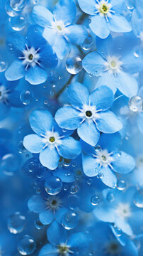 Forget-me-nots Flowers Pressed Up Against Glass Covered In Condensation, , Water Droplets.