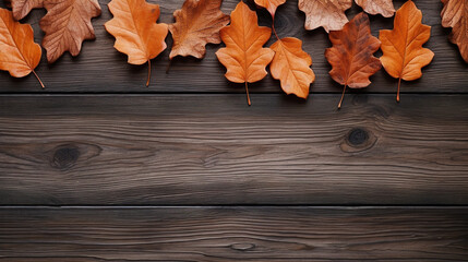 Naklejka na ściany i meble Autumn leaves on wooden background, flat lay with copy space. AI