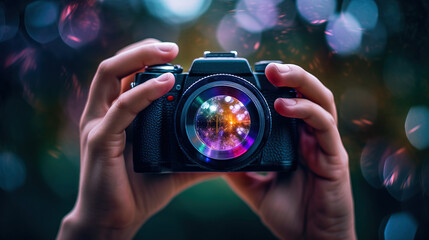 World photography day, vintage camera in hands on background, professional hobby. AI generated. - Powered by Adobe