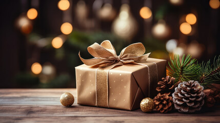 Fototapeta na wymiar Christmas gift box on bokeh background. Seasons greeting card