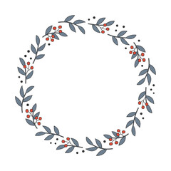 Fototapeta na wymiar Wreath with blue twigs and red berries. Template for Christmas greeting card, invitation, poster, banner, print.