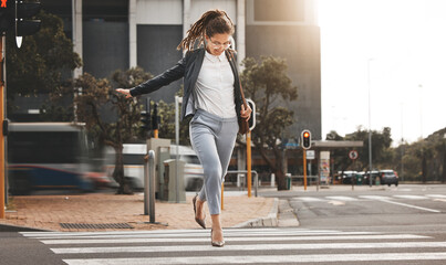 City, walking and business woman on a crosswalk with travel, commute and urban journey. Running,...