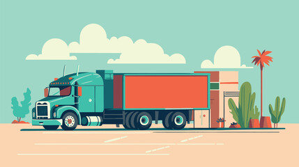 Fototapeta na wymiar Freight Truck on City Street Next to Skyscrapers and City Apartments: Flat Style Vector Illustration