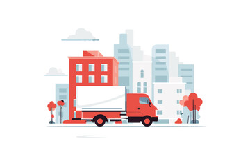 Obraz na płótnie Canvas Freight Truck on City Street Next to Skyscrapers and City Apartments: Flat Style Vector Illustration