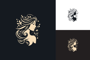 Woman Headshot with Curly Hair and Floral Elements: Vector Logo Design for Women's Fashion Clothing