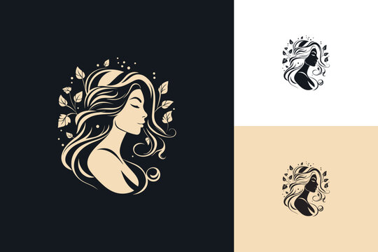 Woman Headshot with Curly Hair and Floral Elements: Vector Logo Design for Women's Fashion Clothing