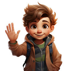 Cartoon character boy waving hello, cute children isolated on transparent white background, happy schoolboy gesture