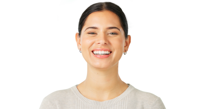 Headshot, portrait and a woman with a smile, happiness and confidence isolated on a transparent png background. Young girl, beautiful female model and pride, good mood and carefree personality