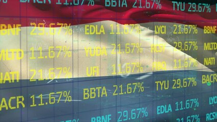 Animation of stock market data processing, mathematical equations over waving netherlands flag - Powered by Adobe